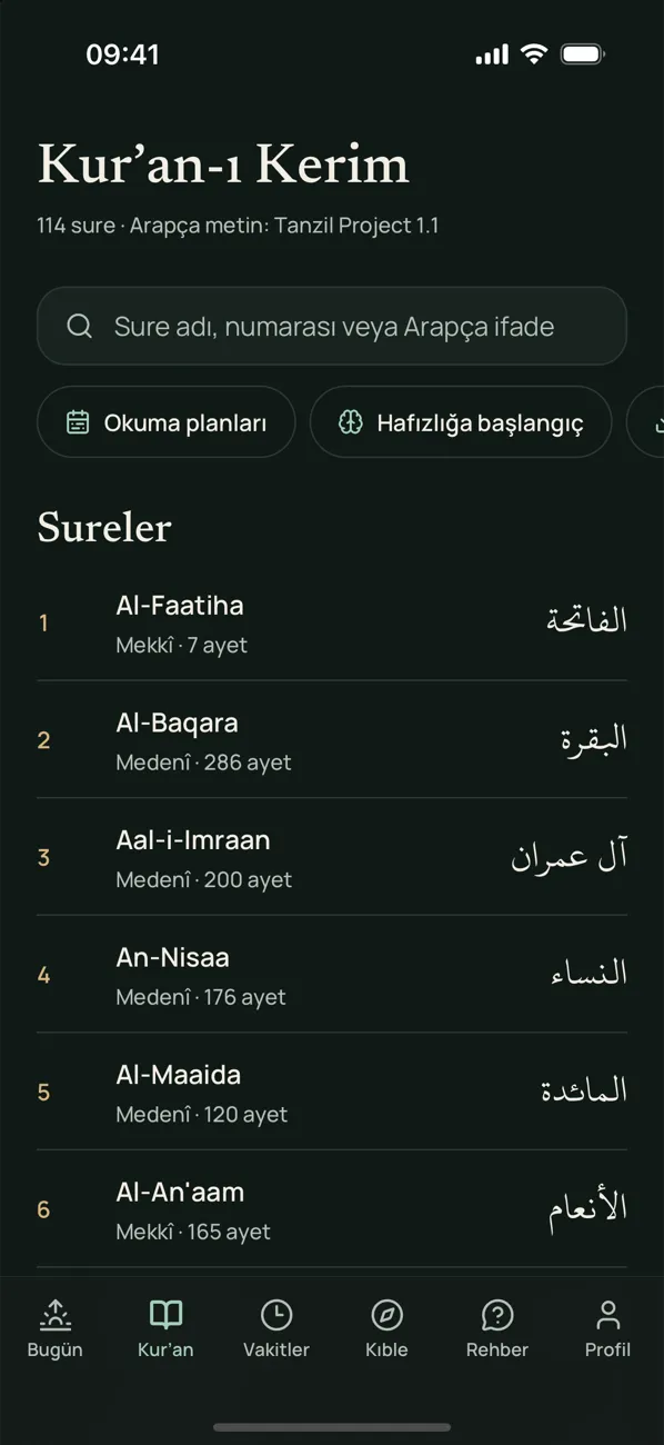 Mihruna Kur’an ekranı: 114 surenin listesi, arama ve okuma planları