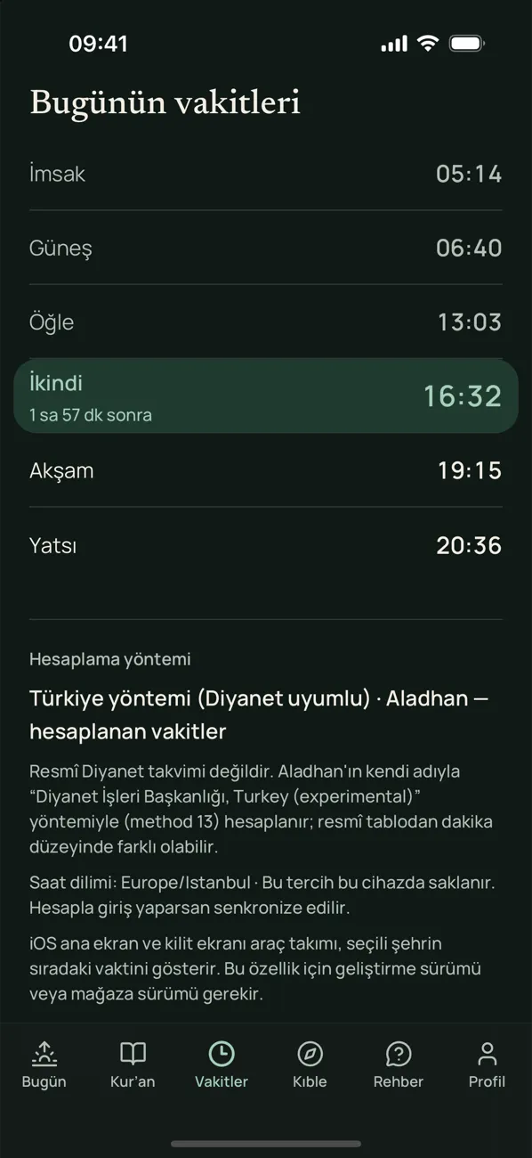Mihruna vakitler ekranı: İstanbul için günün altı vakti, sıradaki vakit ve hesaplama yöntemi